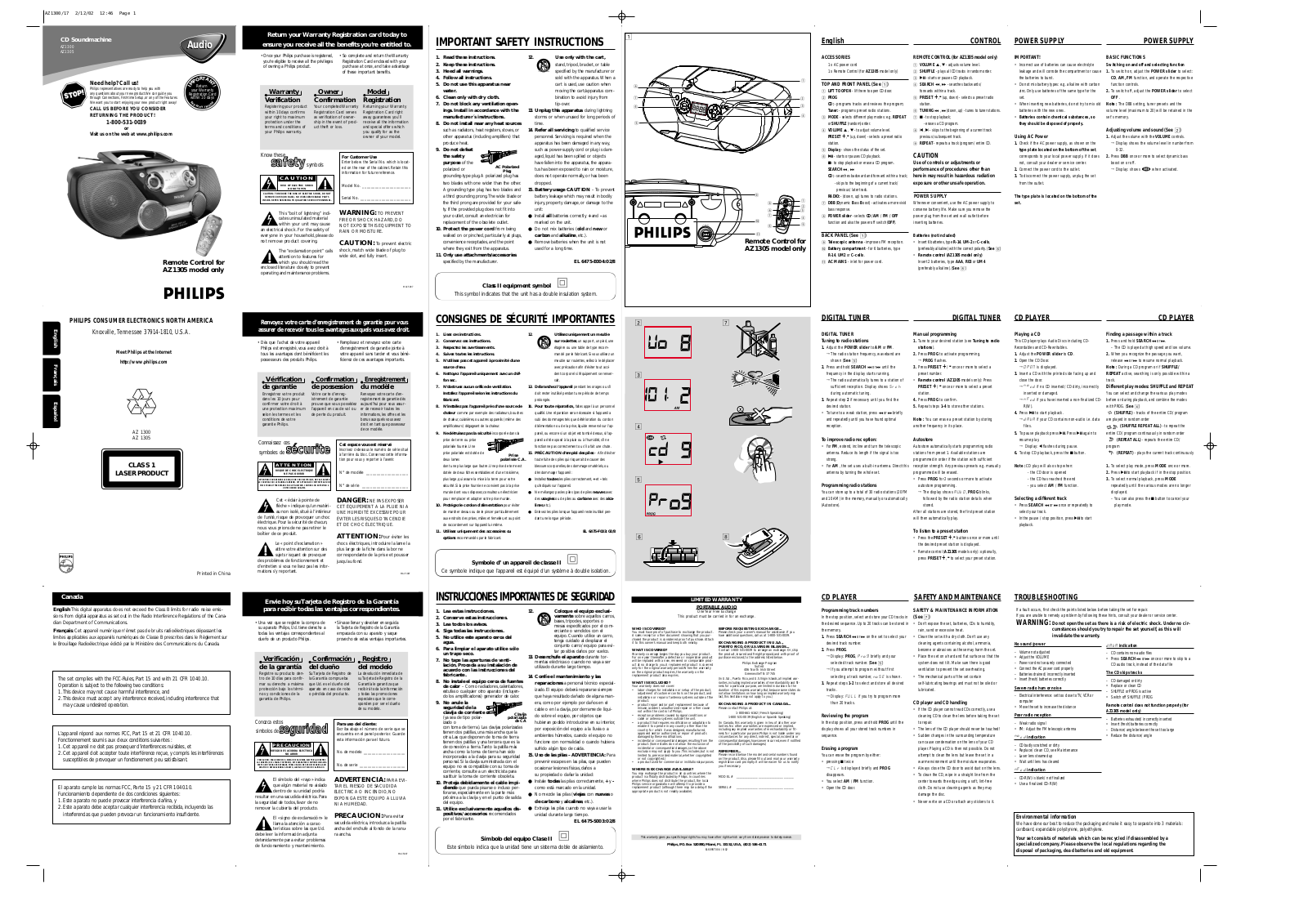 Philips AZ1305, AZ1300, AZ1305-17 User Manual