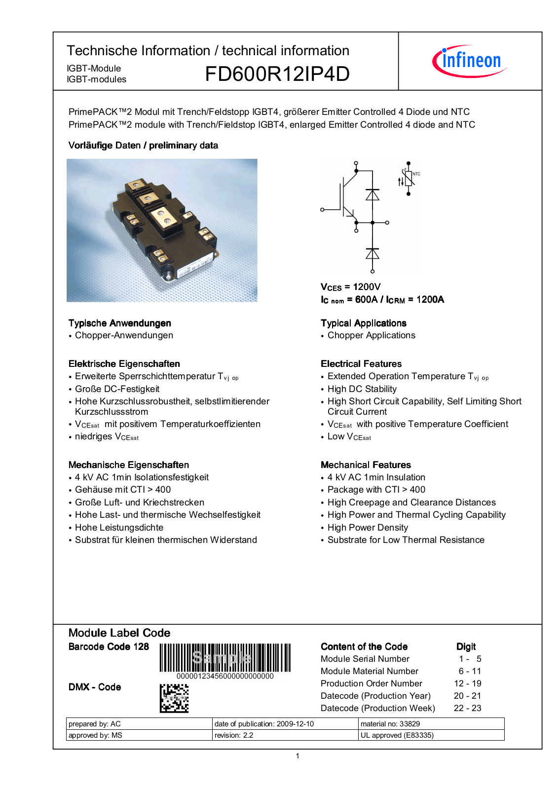 Infineon FD600R12IP4D Data Sheet