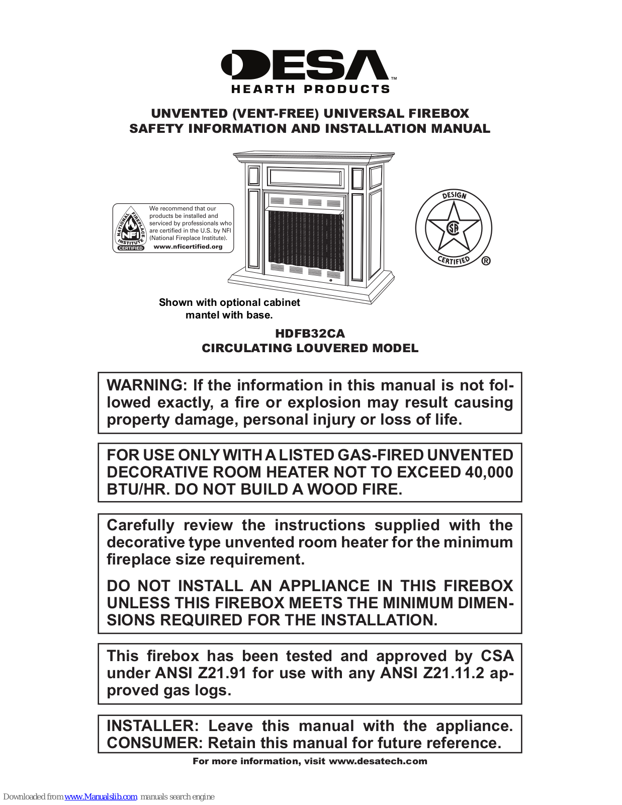 Desa HDFB32CA Safety Information And Installation Manual