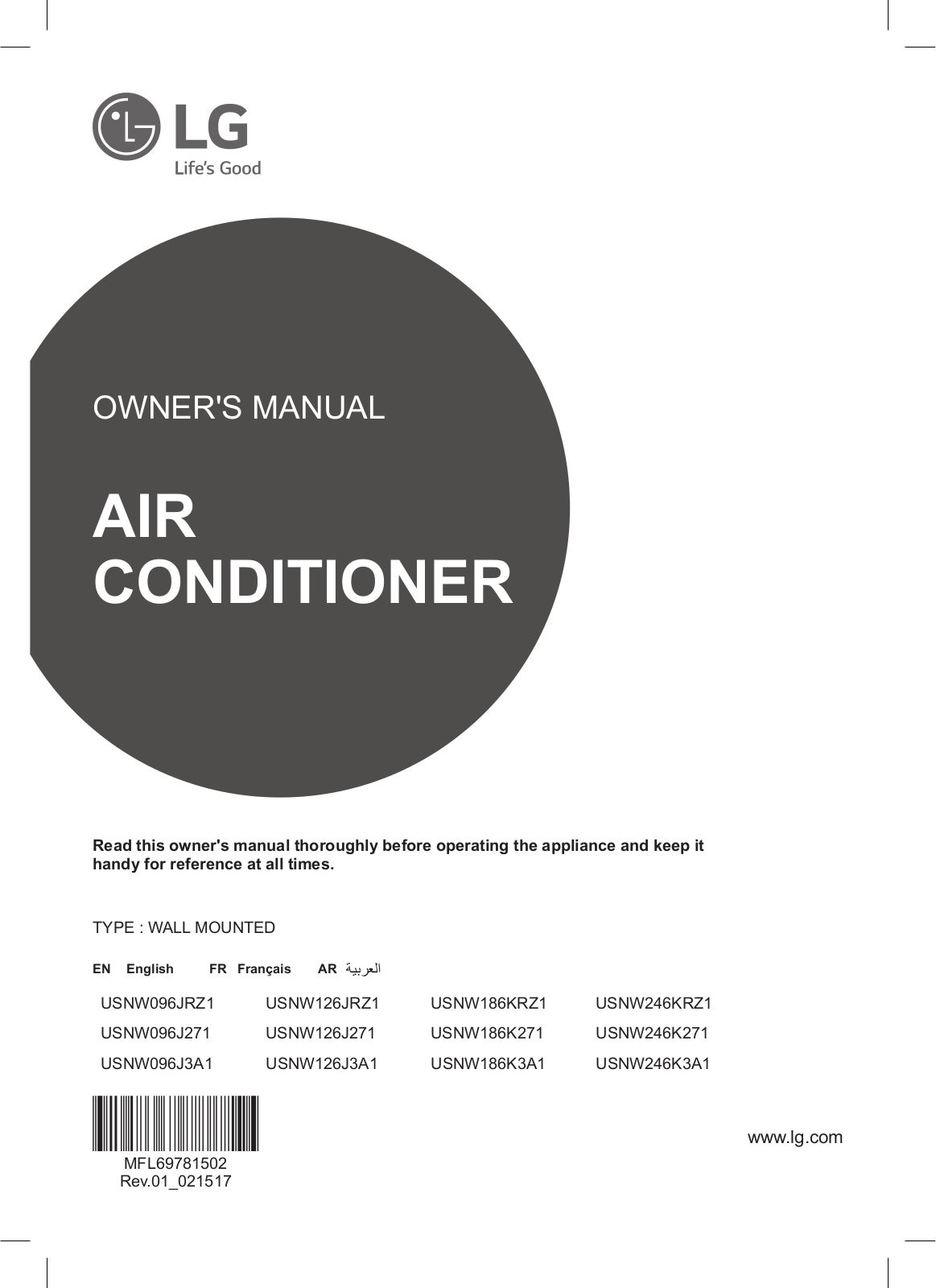 LG USNW096JRZ1 User manual