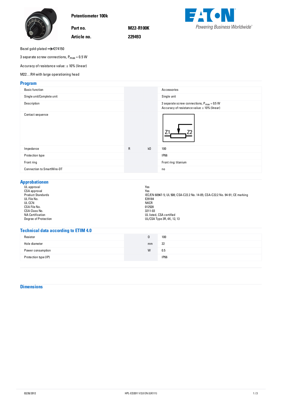 Cutler Hammer, Div of Eaton Corp M22-R100K Data Sheet