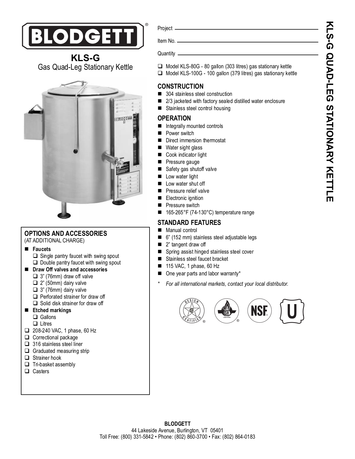 Blodgett KLS-G   80-100 GALLON Specifications