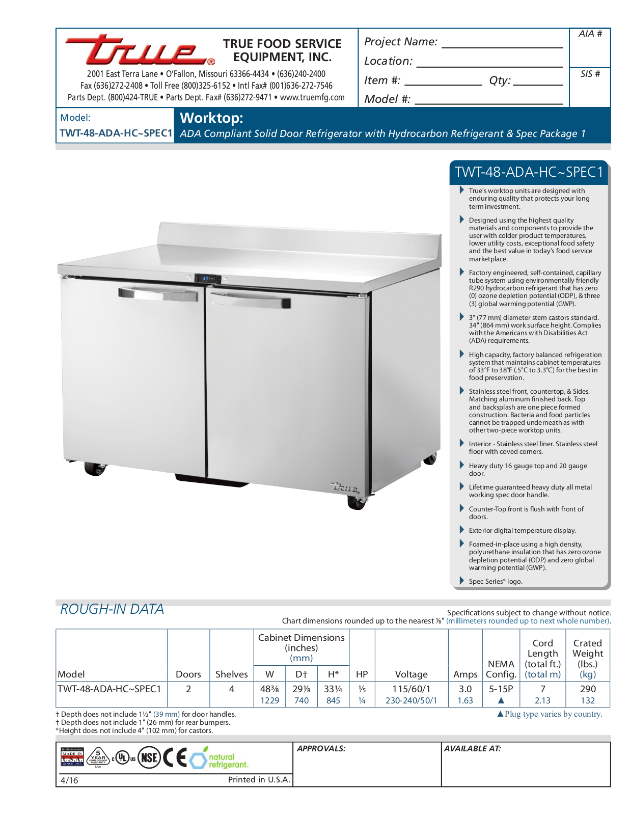 True TWT-48-ADA-HC User Manual