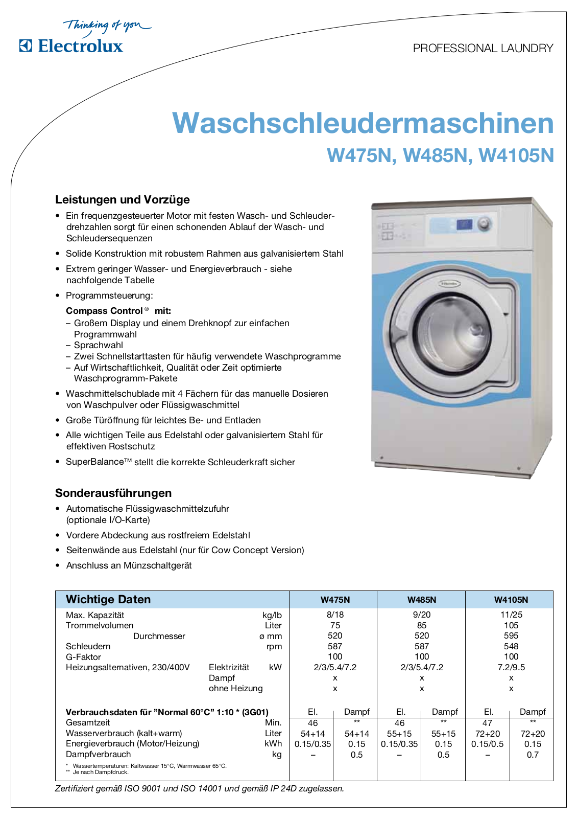 Electrolux W485N, W475N, W4105N DATASHEET