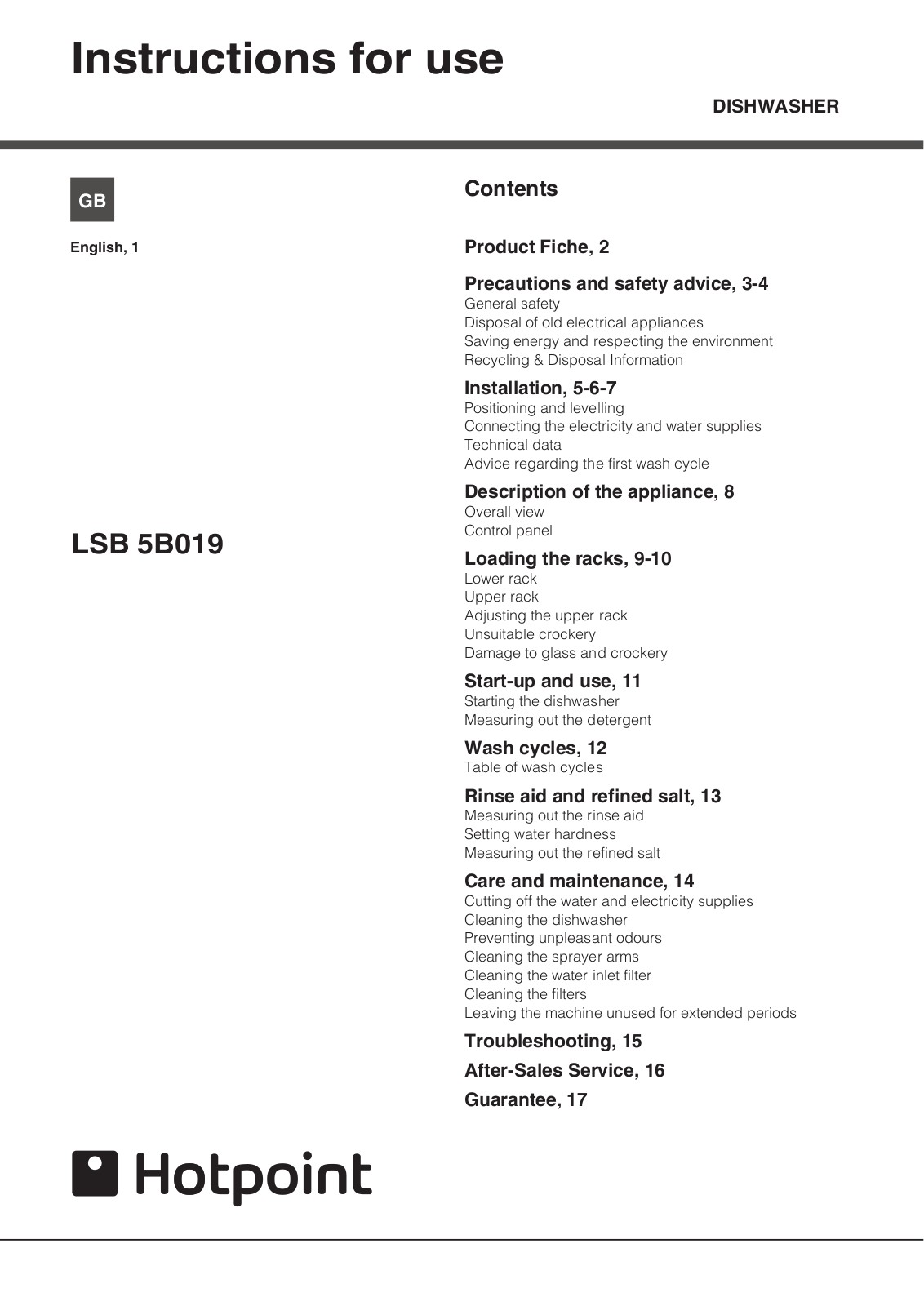 Hotpoint Ariston LSB 5B019 User Manual