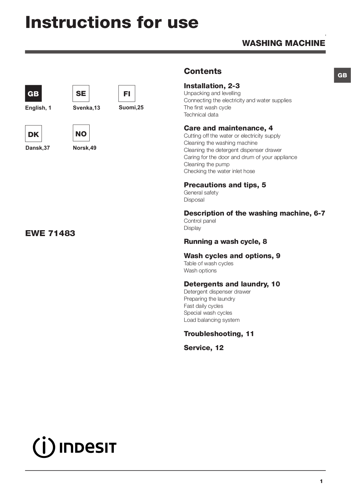 INDESIT EWE 71483 W EU User Manual