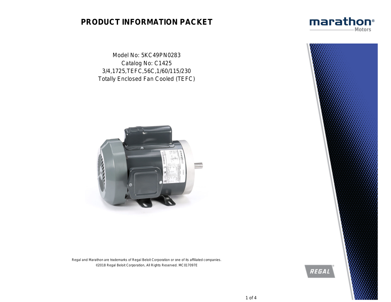 Marathon Electric 5KC49PN0283 Product Information Packet