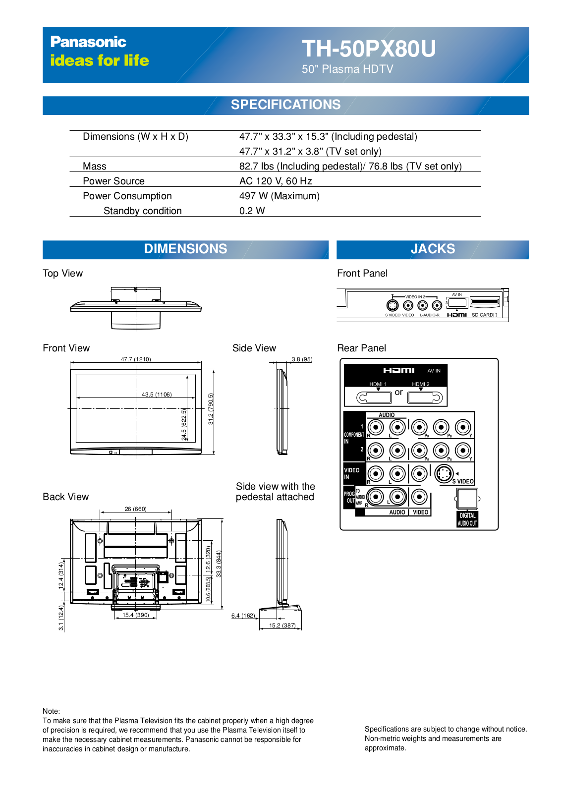 Panasonic th-50px80 cut sheet - ManualMachine.com