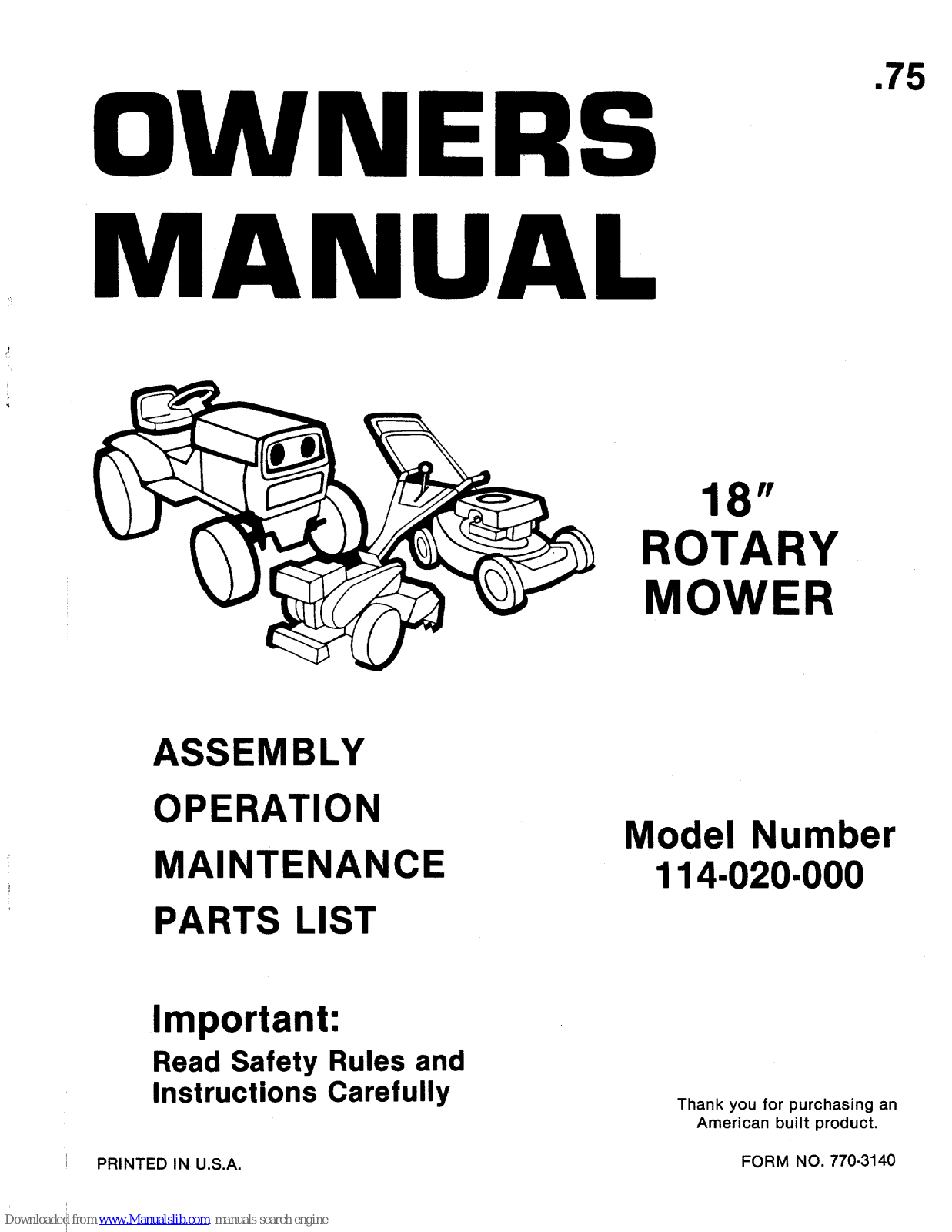 MTD 114-020-000, 20 Owner's Manual