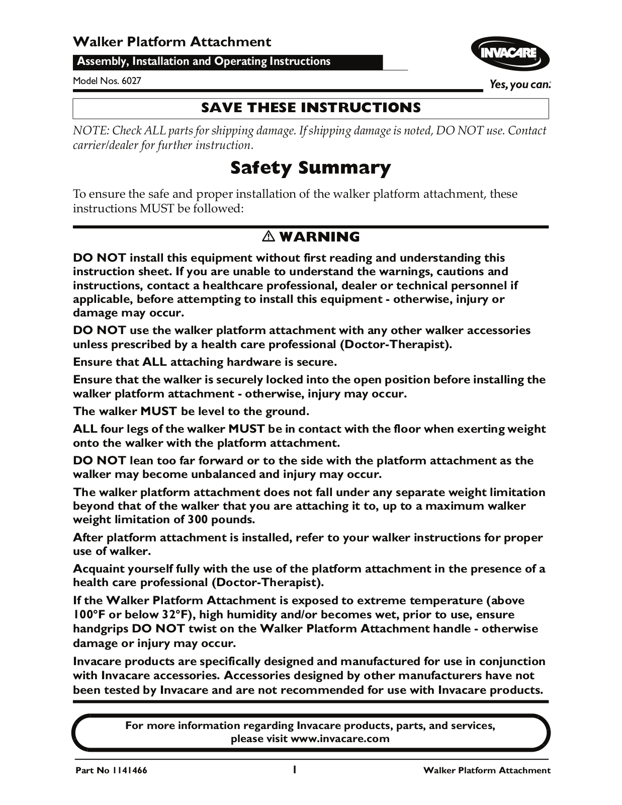 Invacare 6027 User Manual