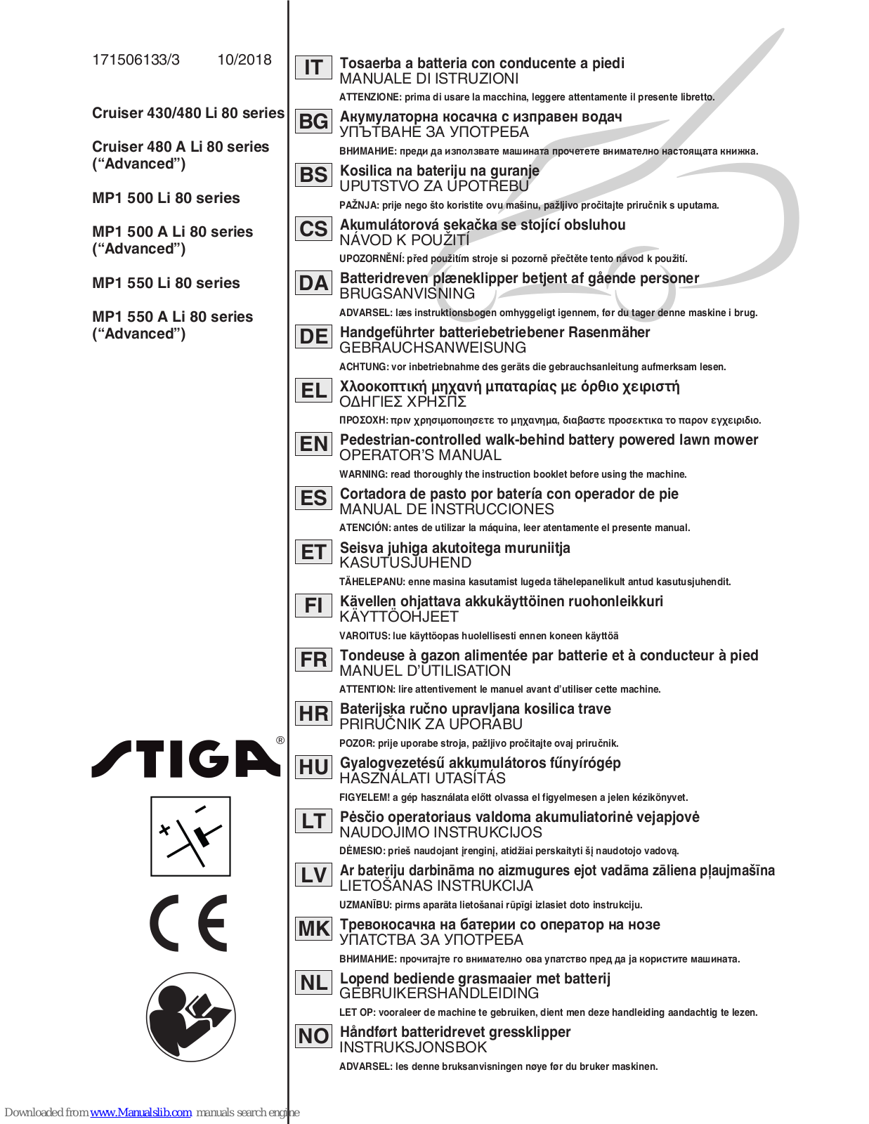 Stiga Cruiser 430 Li 80, MP1 500 A Li 80, Cruiser 480 A Li 80, Cruiser 480 Li 80, MP1 550 A Li 80 Operator's Manual