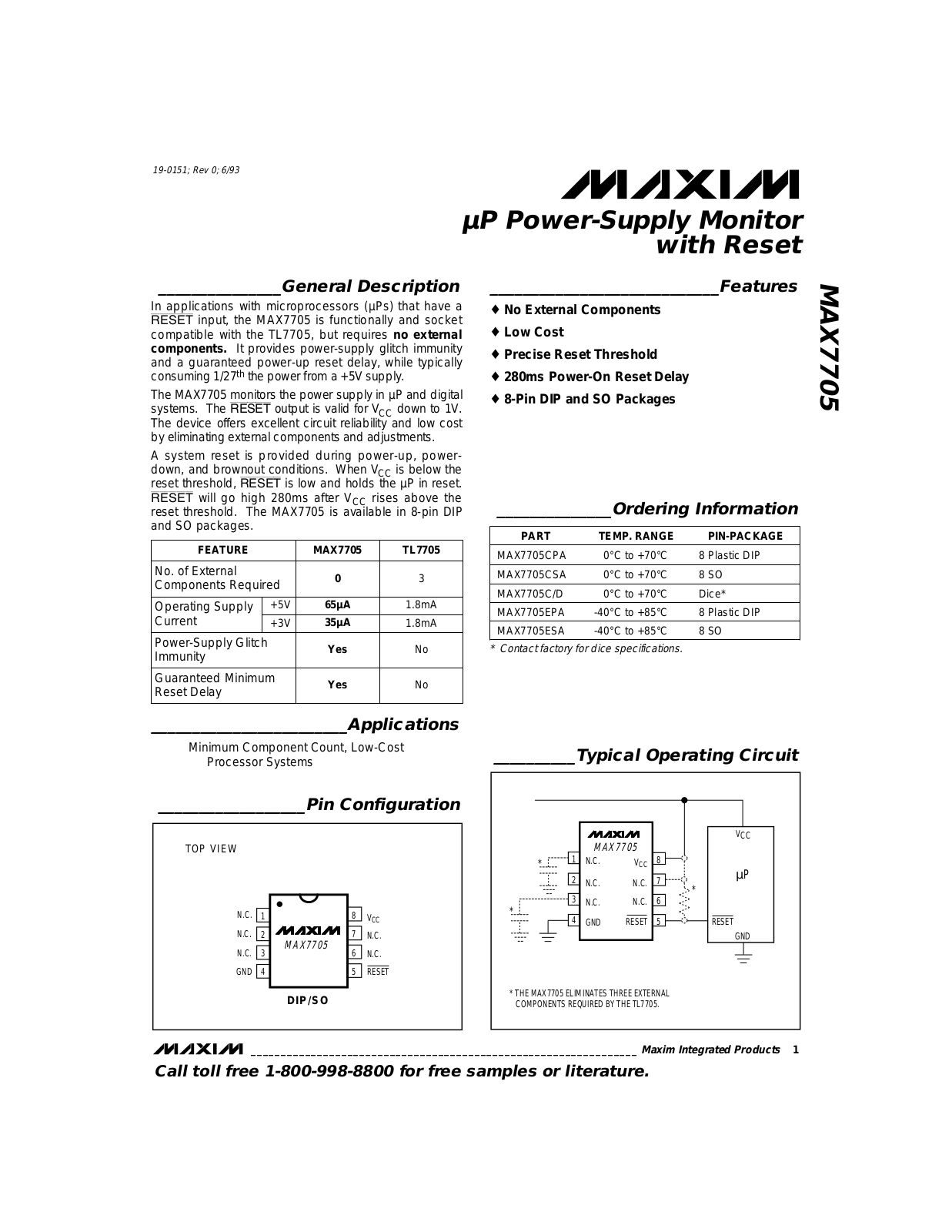 Maxim MAX7705EPA, MAX7705ESA, MAX7705C-D, MAX7705CPA, MAX7705CSA Datasheet