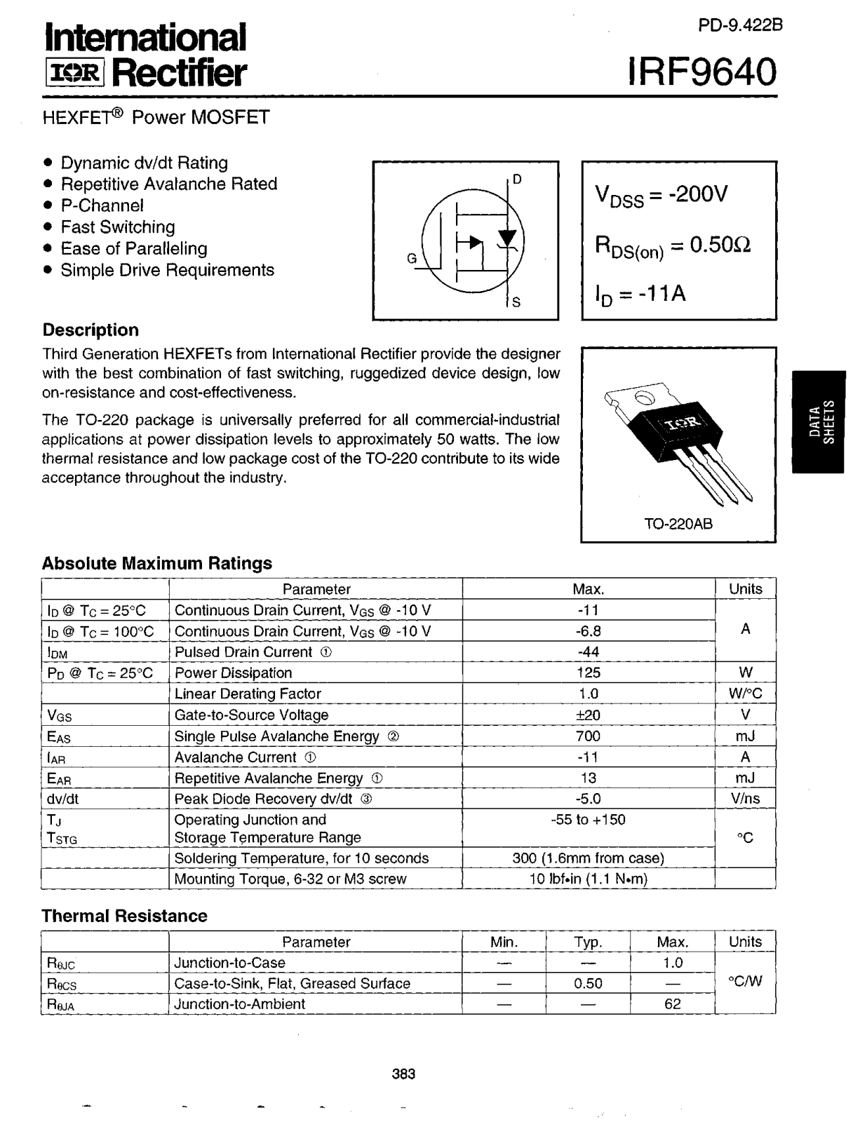 International Rectifier IRF9640 Datasheet