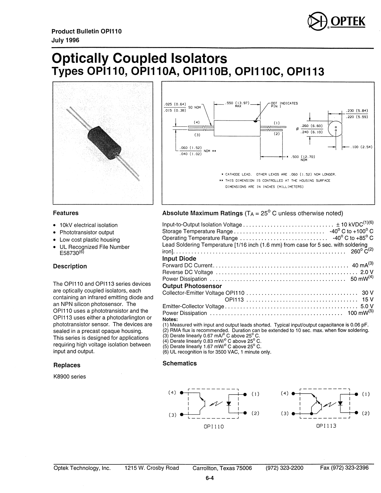 OPTEK OPI110C, OPI113, OPI110A, OPI110, OPI110B Datasheet