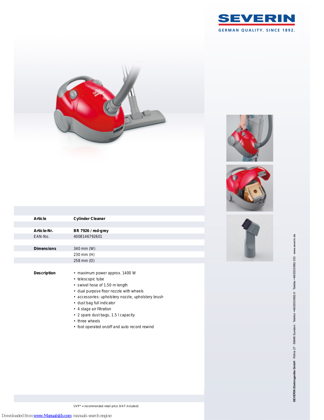 SEVERIN BR 7926,CYLINDER CLEANER,BR 7926 Dimensions