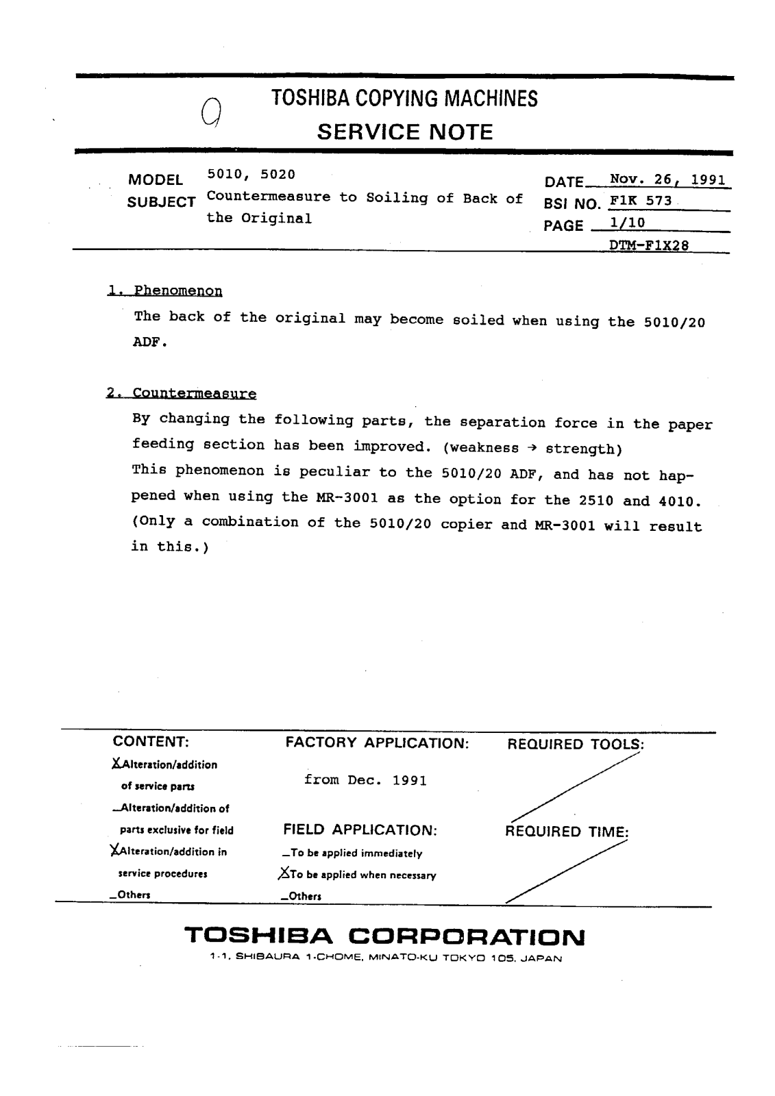 Toshiba f1k573 Service Note