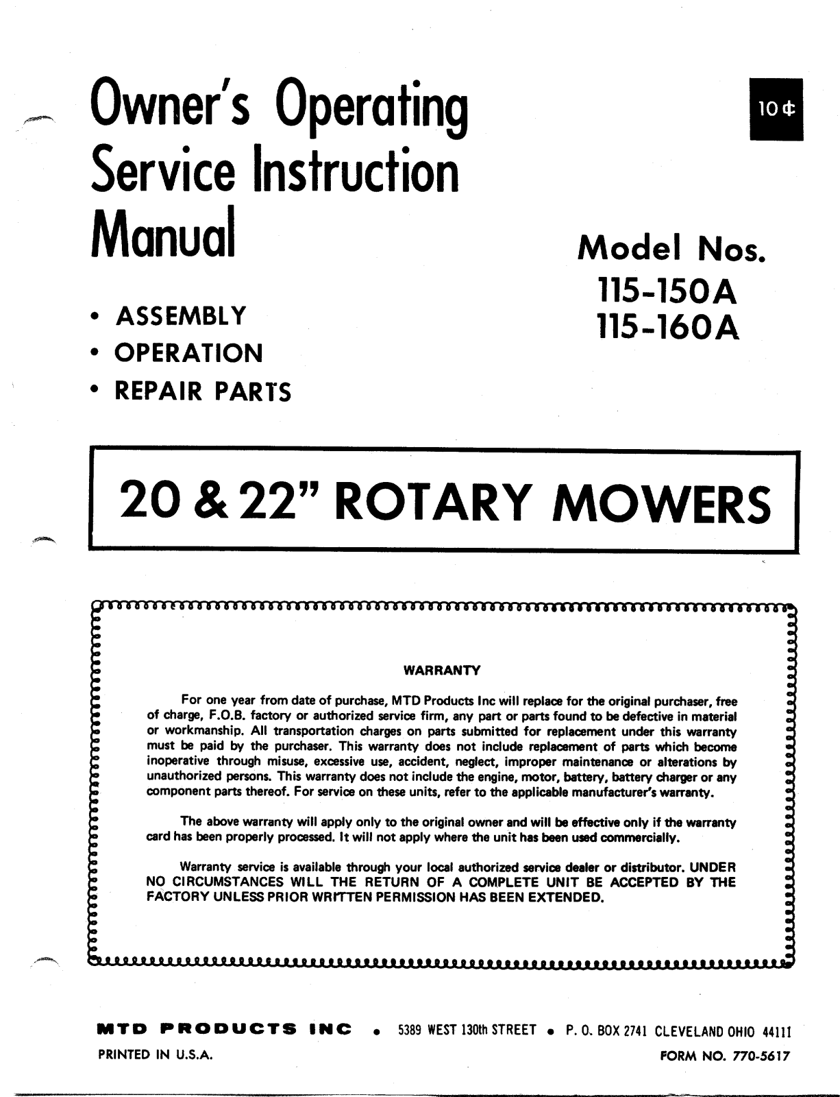 MTD 115-160A, 115-150A User Manual