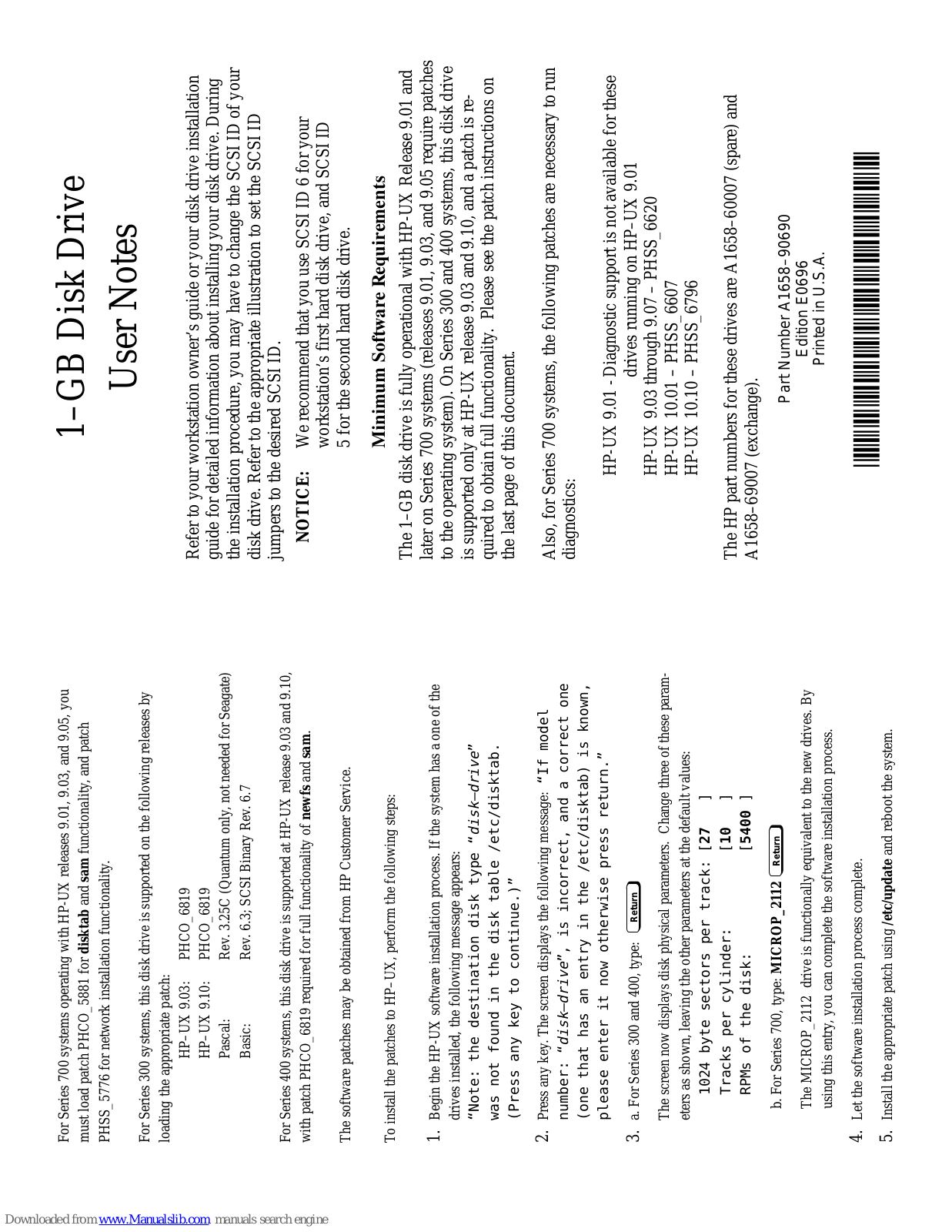 HP Workstation 710, Workstation 712/80, Workstation 712/100, Workstation 712/60, Workstation 715/100xc 1–GB Disk Drive User Notes