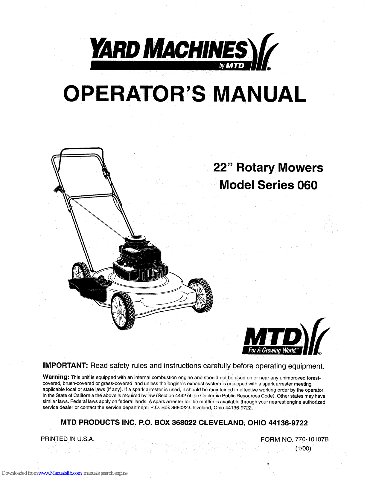 MTD 60, Yard Machines 060 Operator's Manual