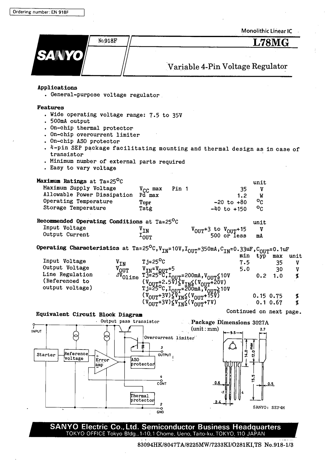 SANYO L78MG Datasheet