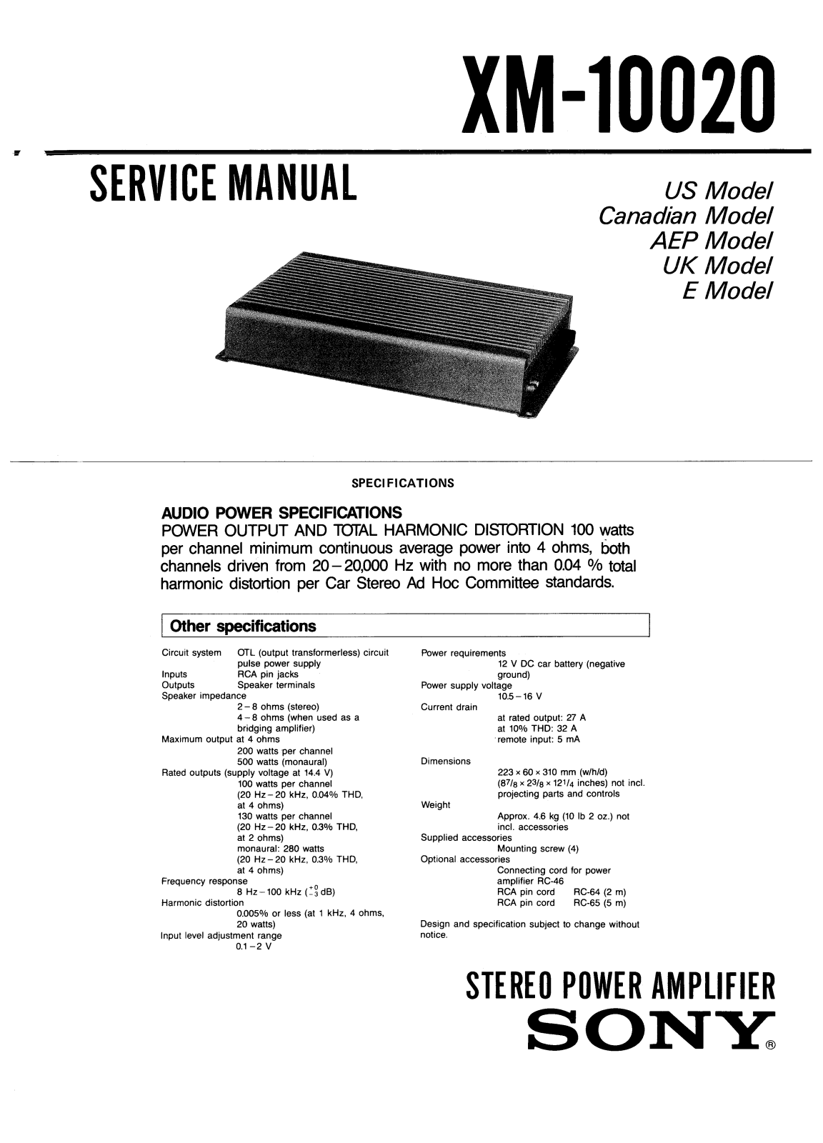 Sony XM-10020 Service manual