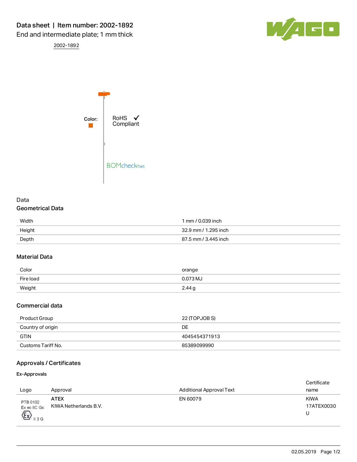 Wago 2002-1892 Data Sheet