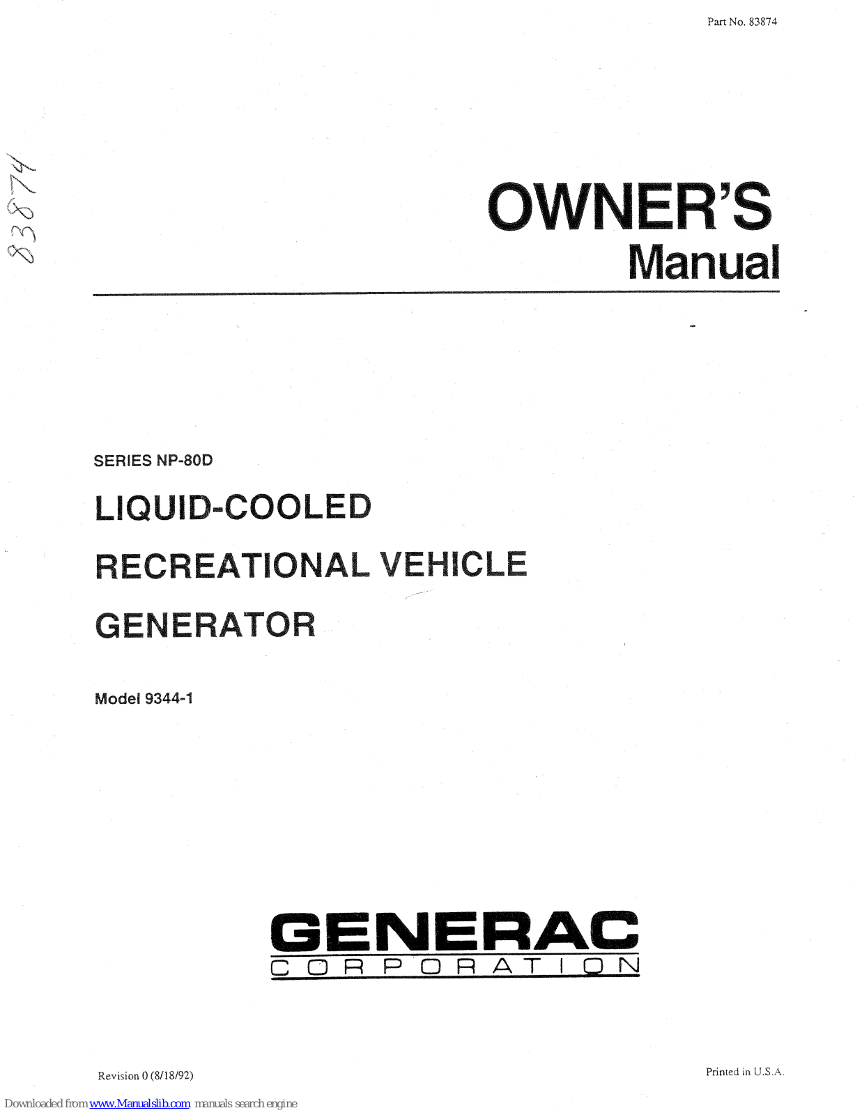 Generac Power Systems NP-80D Series Owner's Manual