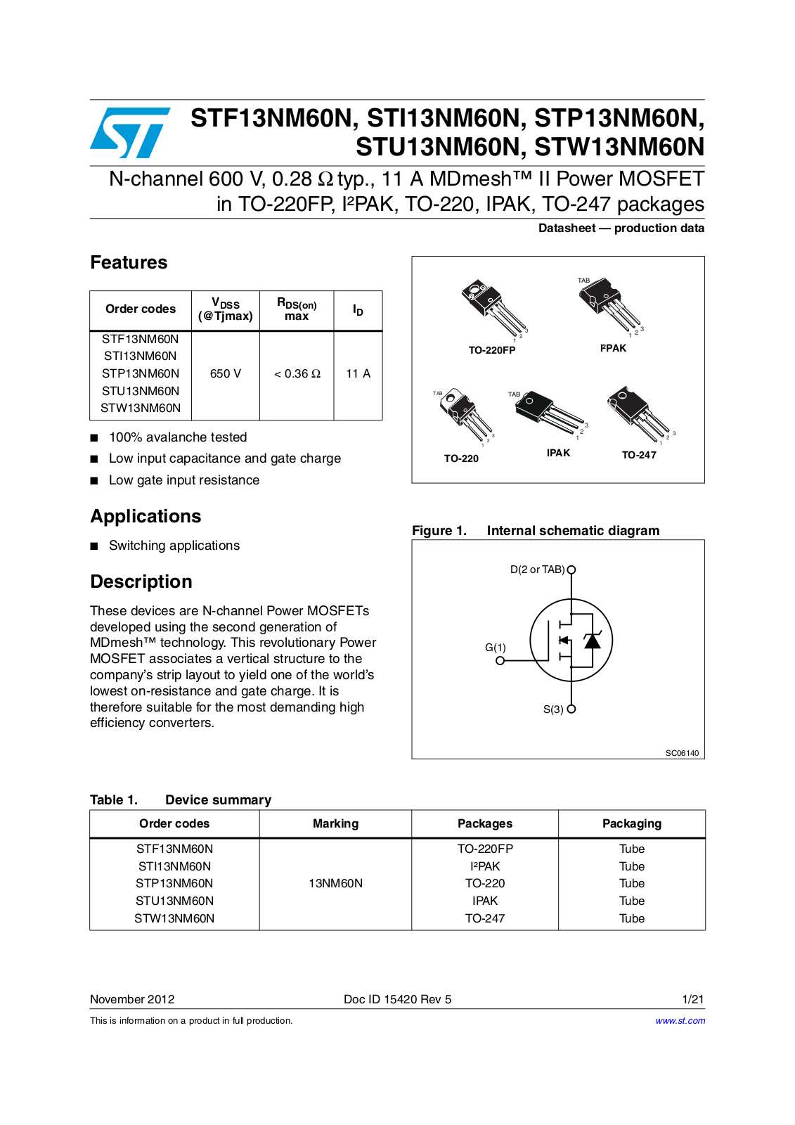 STMicroelectronics STF13NM60N, STI13NM60N, STP13NM60N, STU13NM60N, STW13NM60N Datasheet