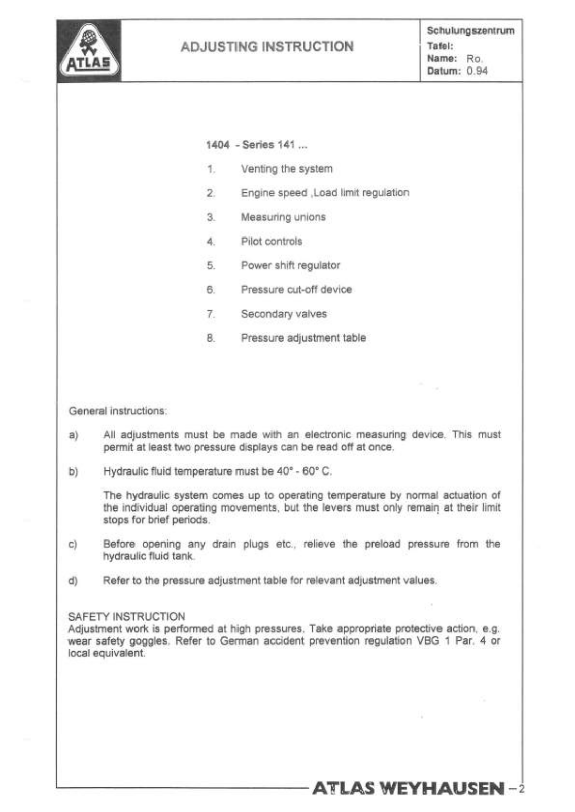 Atlas 1404 Adjusting instructions