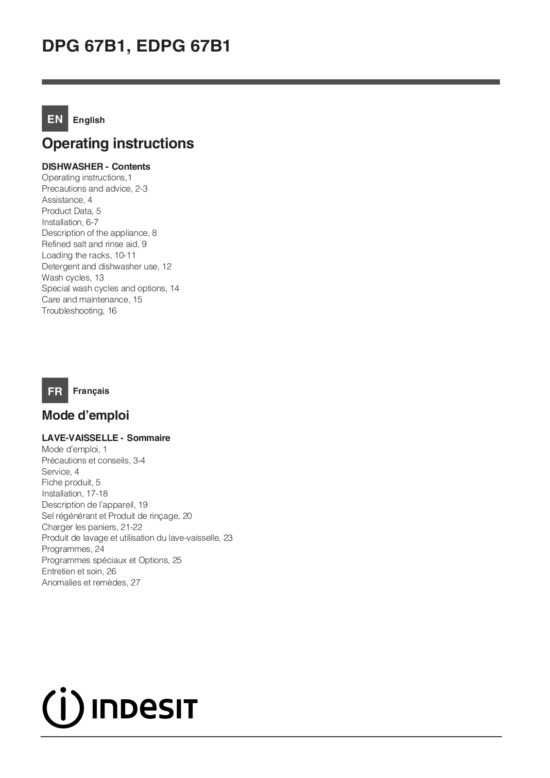 INDESIT DPG 67B1 NX EU User Manual