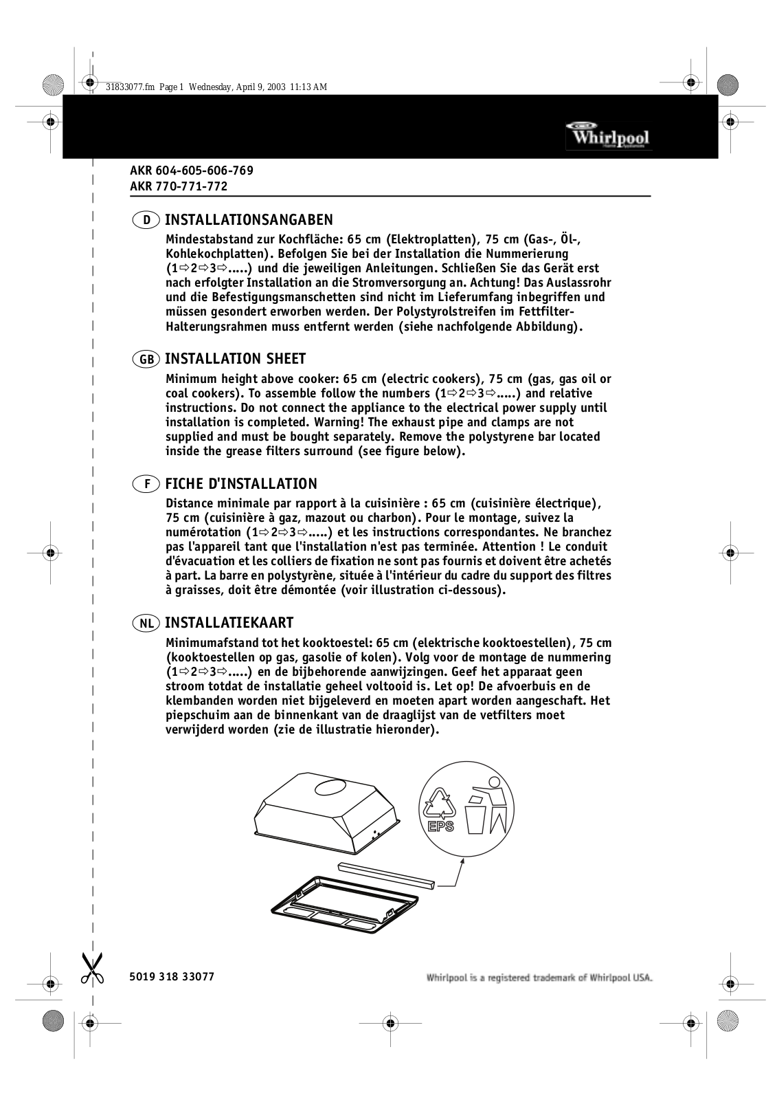 Whirlpool AKR 604, AKR605, AKR606, AKR769, AKR 770 INSTALLATION SHEET