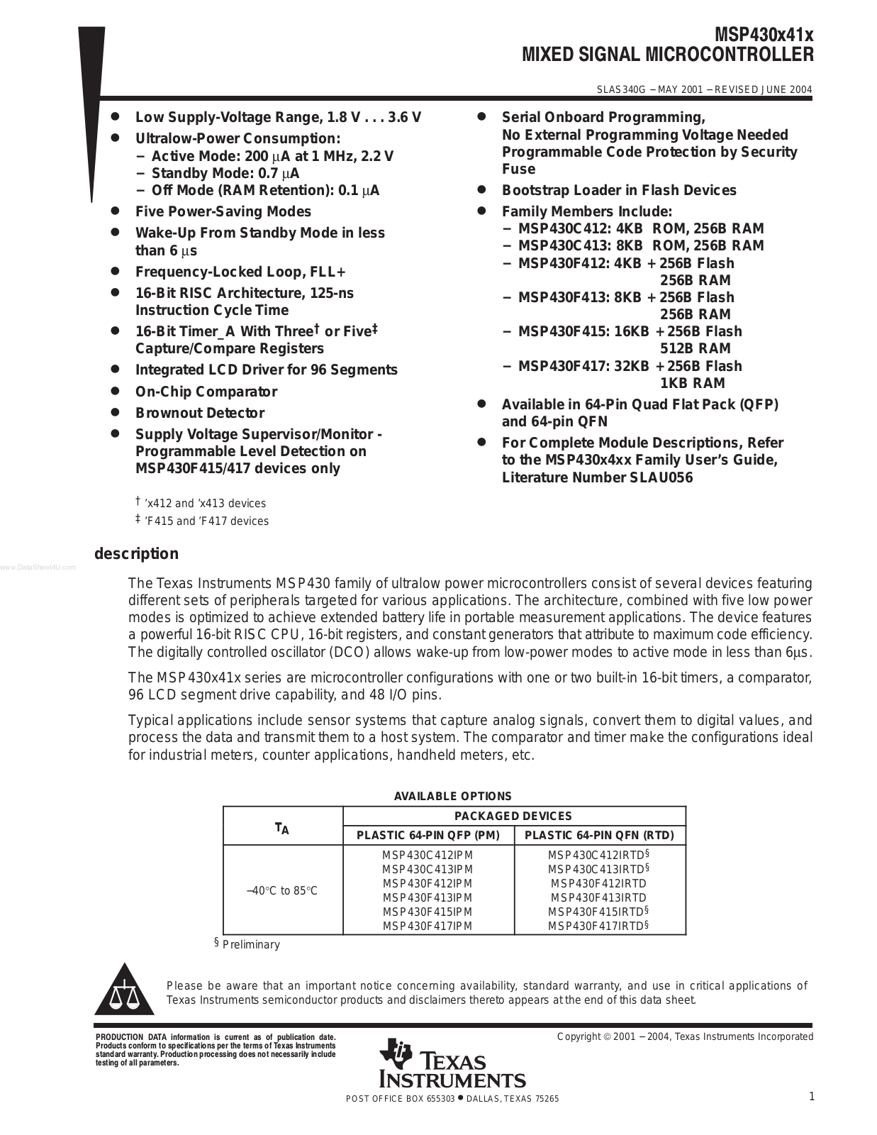 Texas Instruments MSP 430 C 412, MSP 430 C 415 INSTALLATION INSTRUCTIONS