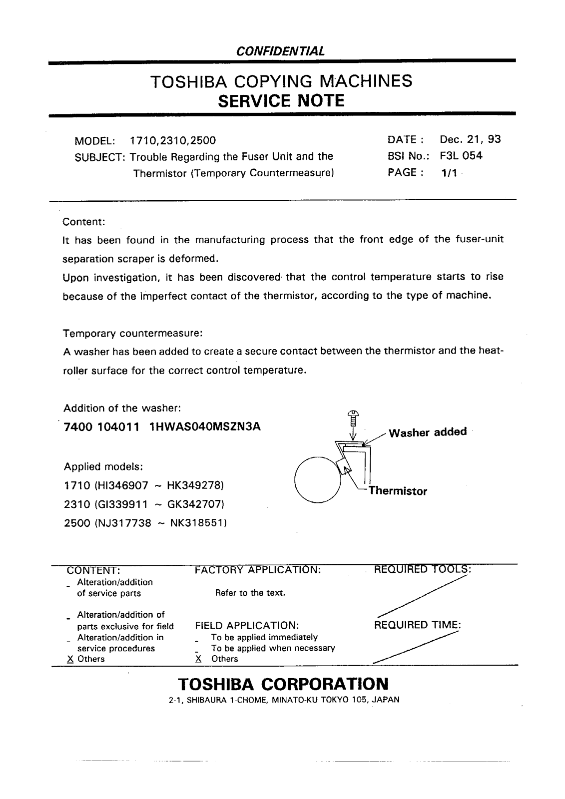 Toshiba f3l054 Service Note