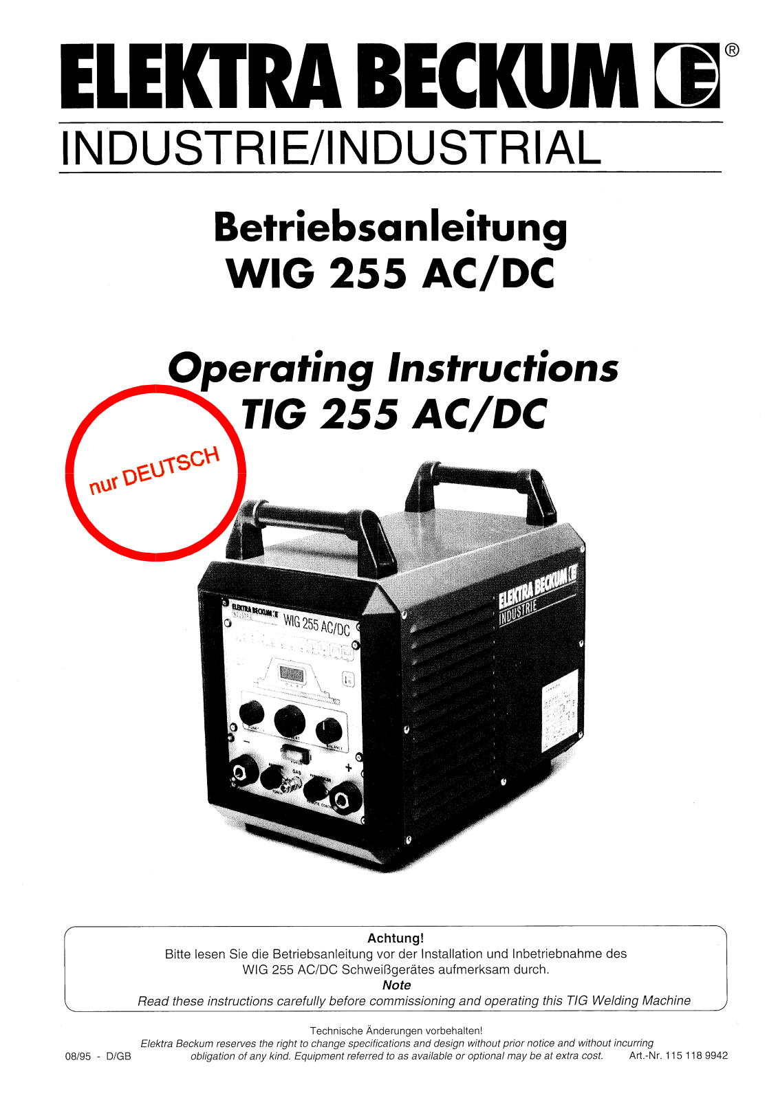 Elektra Beckum TIG 255 AC-DC, TIG 255 DC User Manual