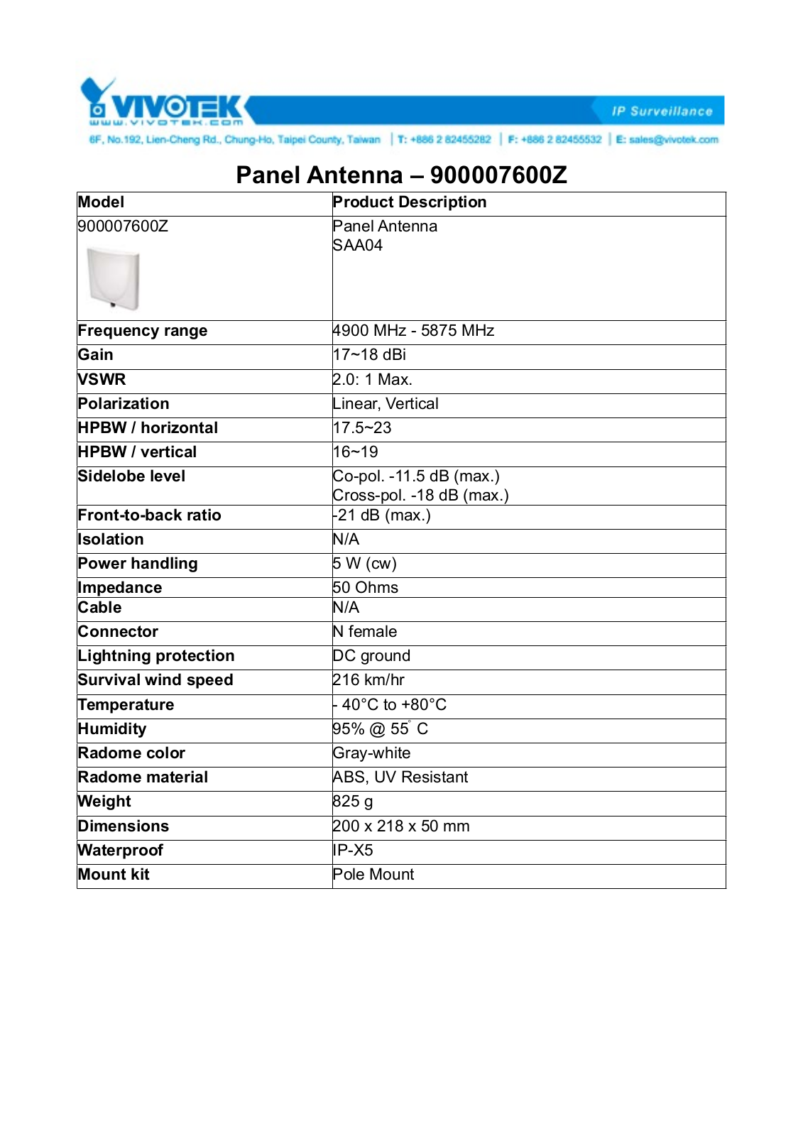 Vivotek SAA04 Specsheet