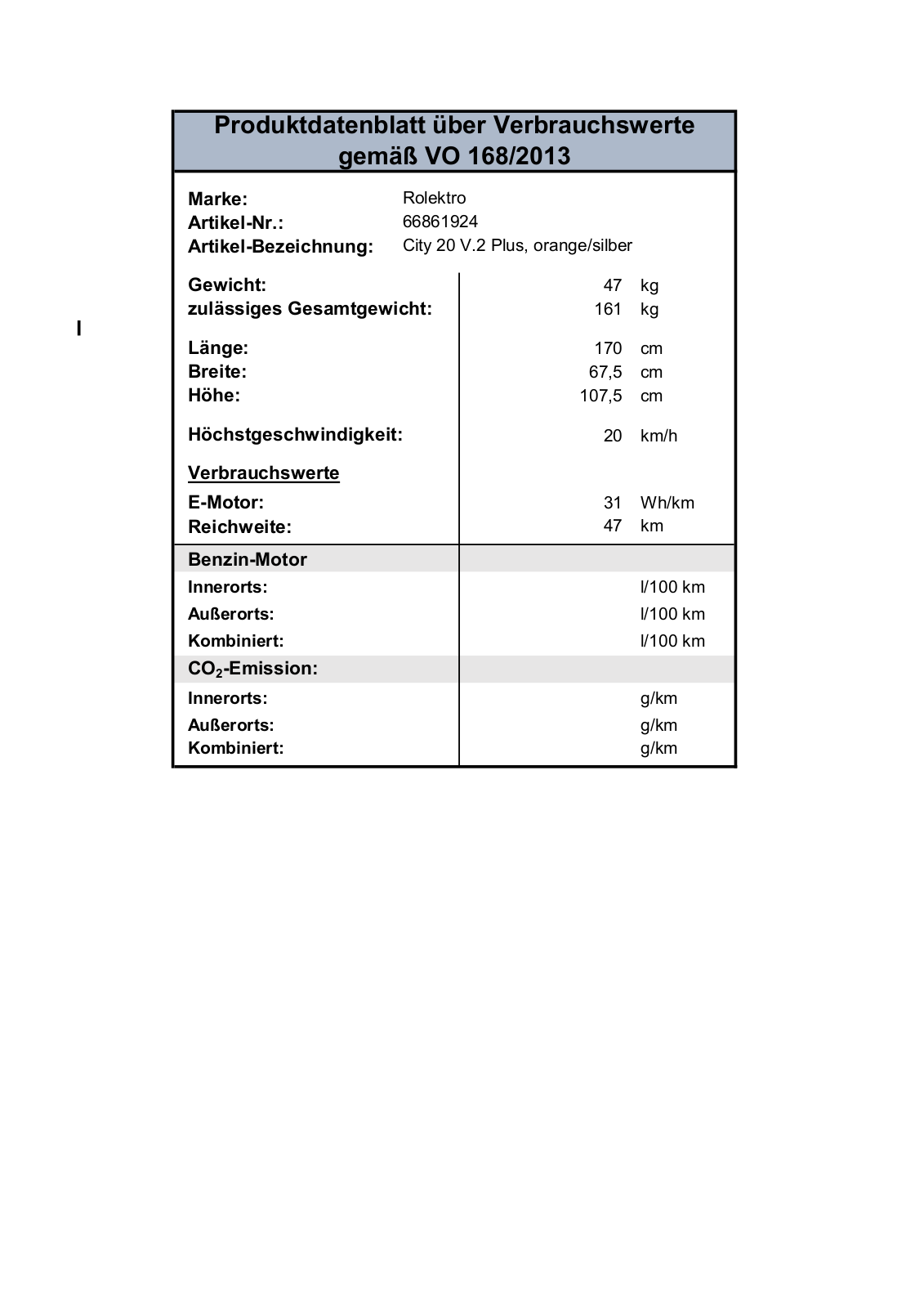 Rolektro eco-City 20 Plus V.2 Technical data