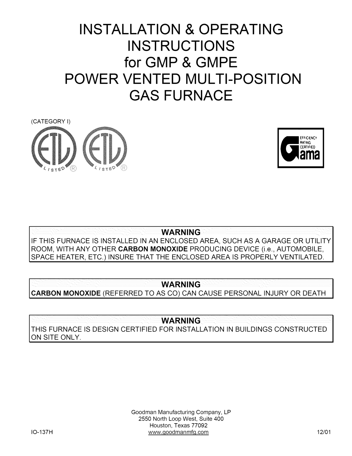 Goodman GMP100-4, GMP100-3, GMP075-32C, GMP075-3 Owner’s Manual