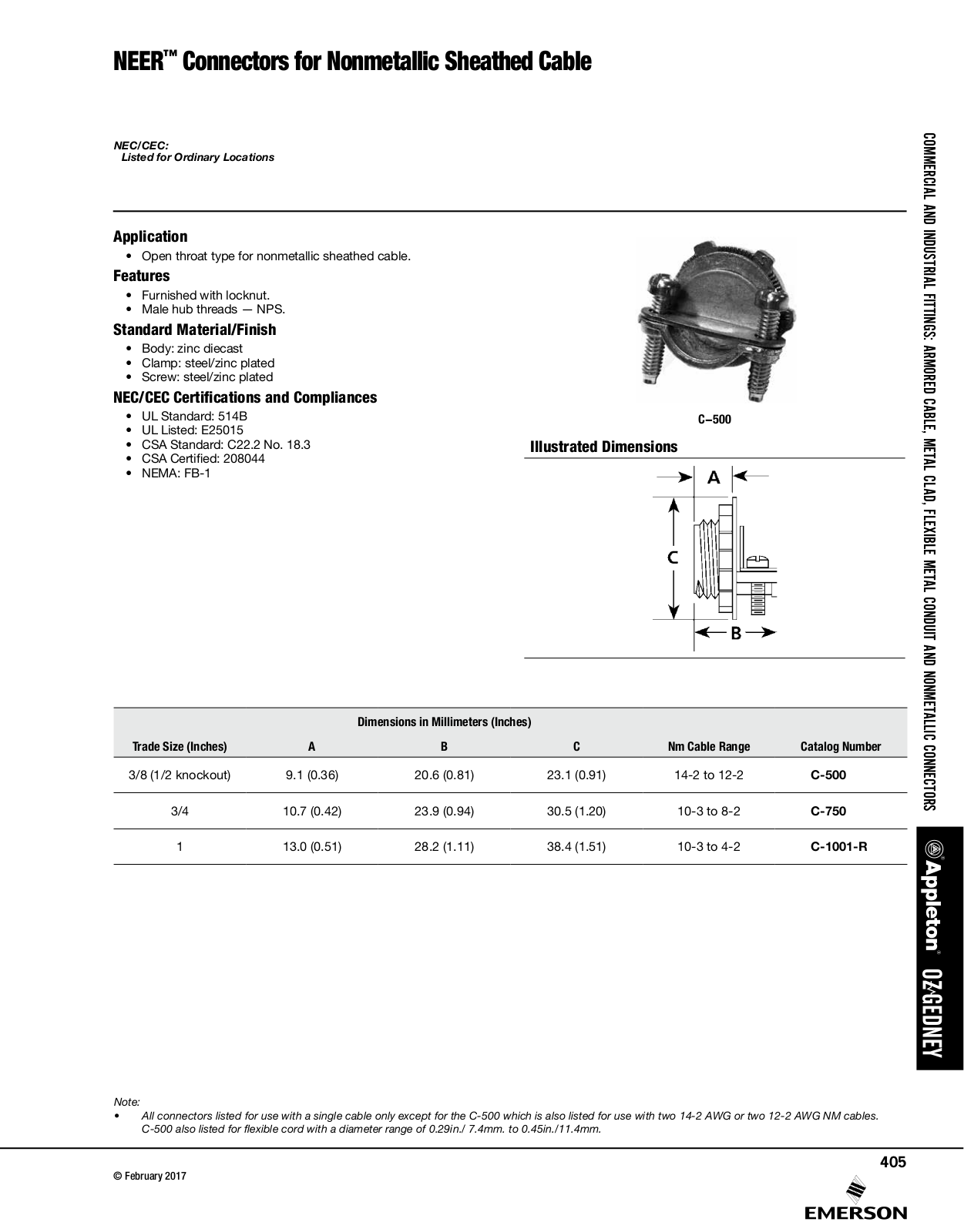 Appleton NEER™ Connectors for Nonmetallic Sheathed Cable Catalog Page