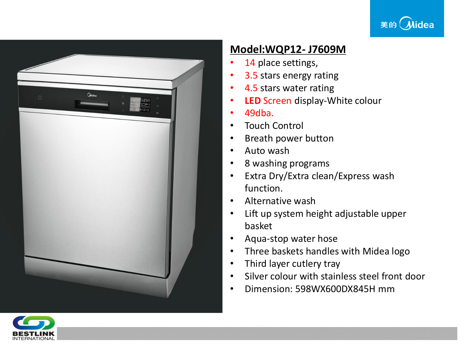 Midea WQP12-J7609M-AU Specifications Sheet