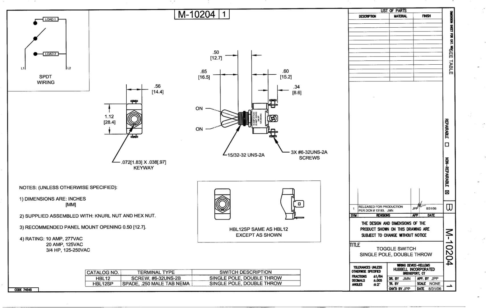 Hubbell HBL12 Reference Drawing