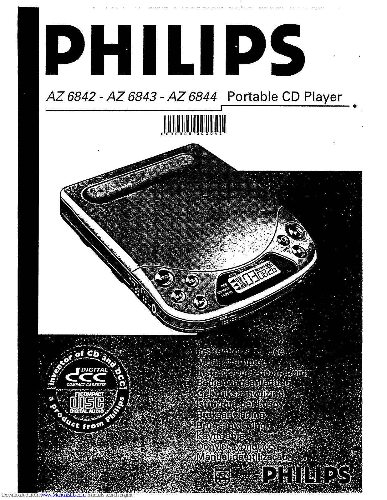 Philips AZ6844 - Portable Cd-player, AZ6843 - Portable Cd-player, AZ 6842, AZ 6843, AZ 6844 Instructions For Use Manual