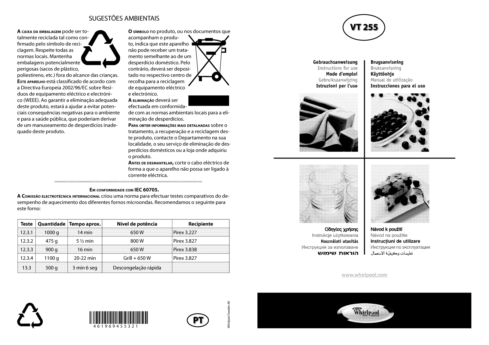 WHIRLPOOL VT255/SL User Manual