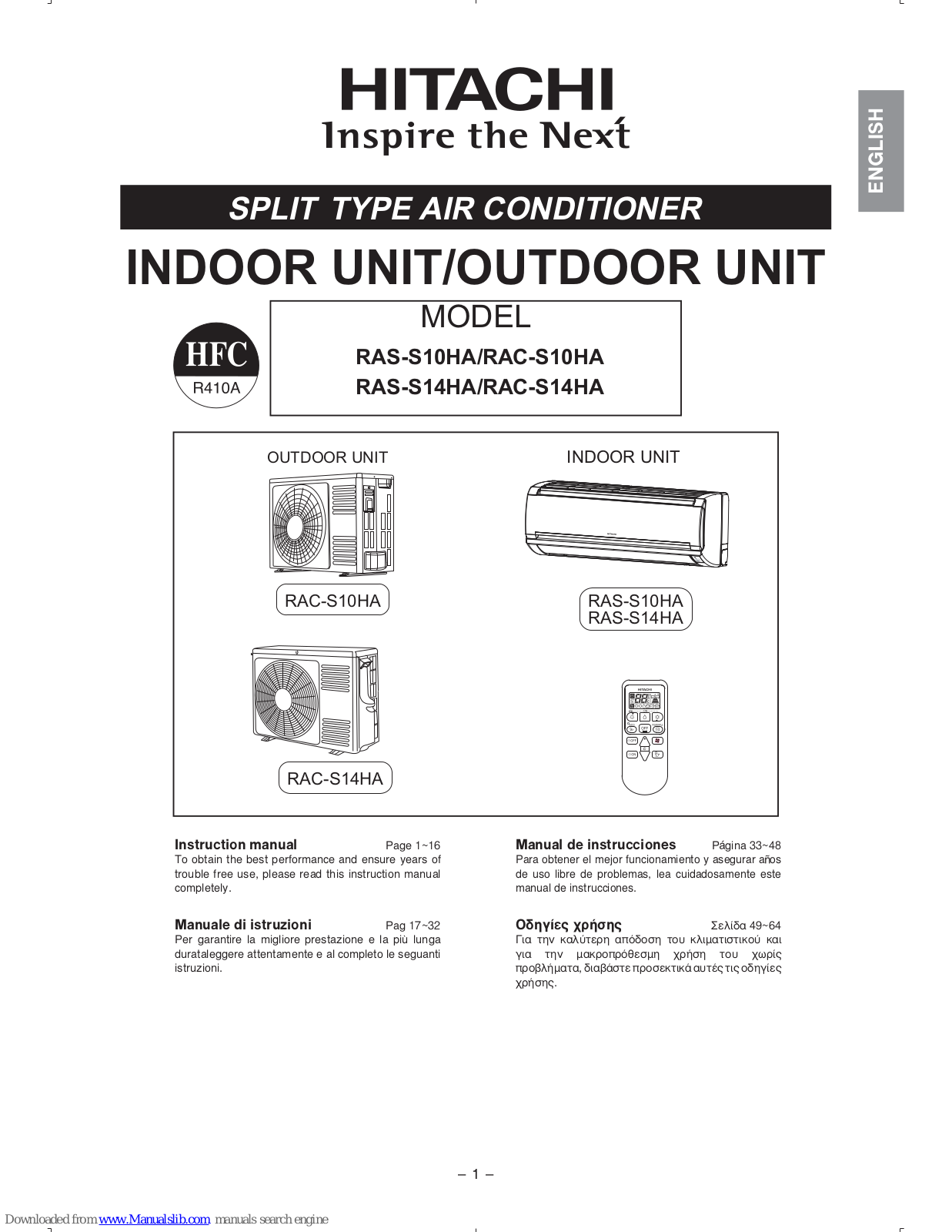 Hitachi RAS-S10HA, RAC-S10HA, RAS-S14HA, RAC-S14HA Instruction Manual