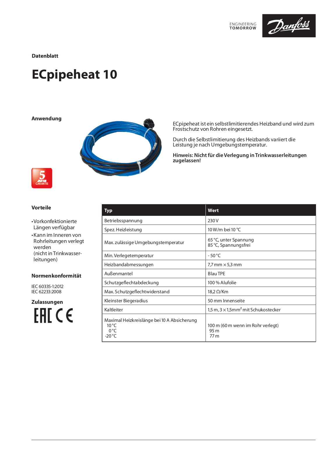 Danfoss ECpipeheat 10 Data sheet