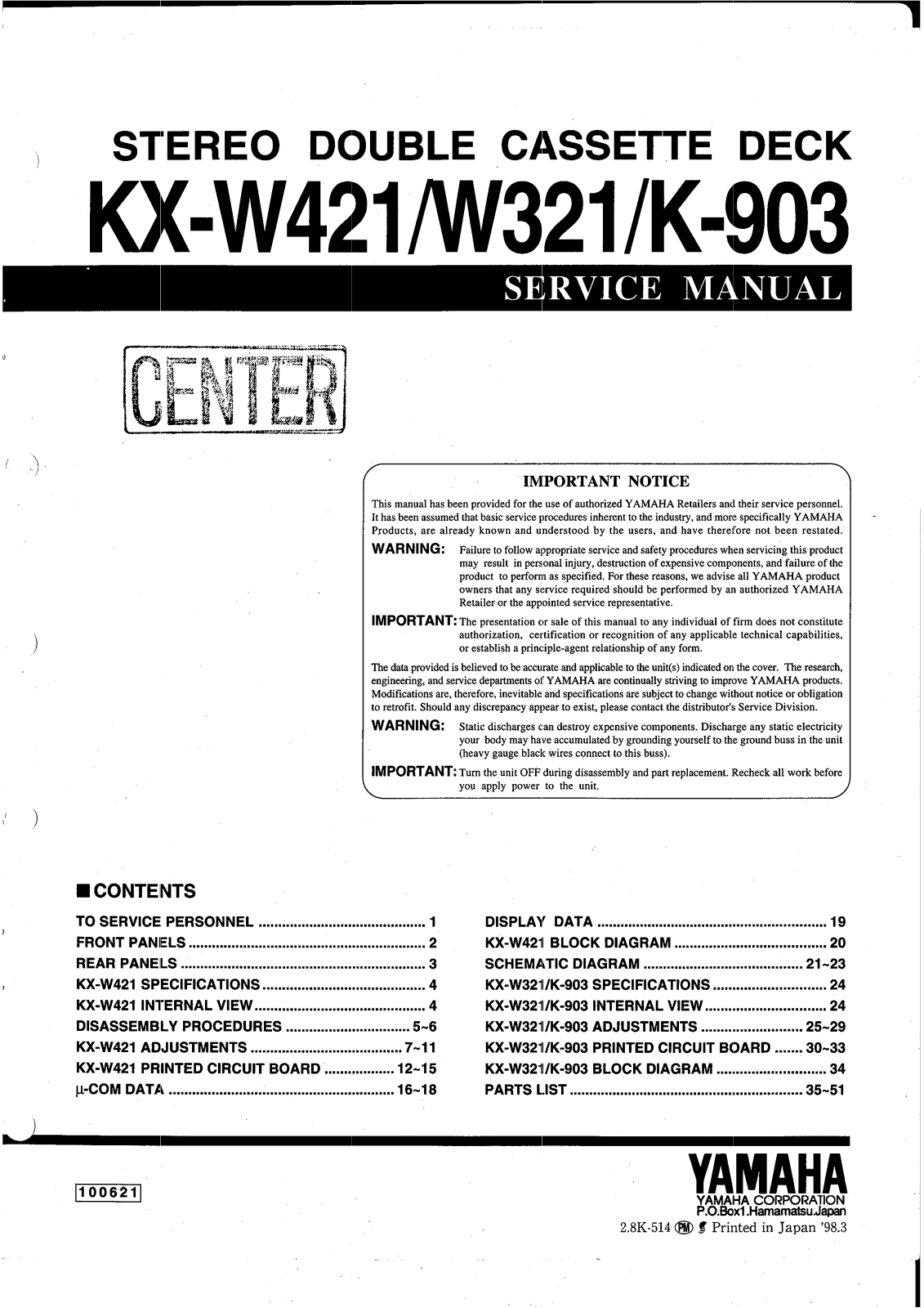 Yamaha KXK-903, KXW-321, KXW-421 Service manual