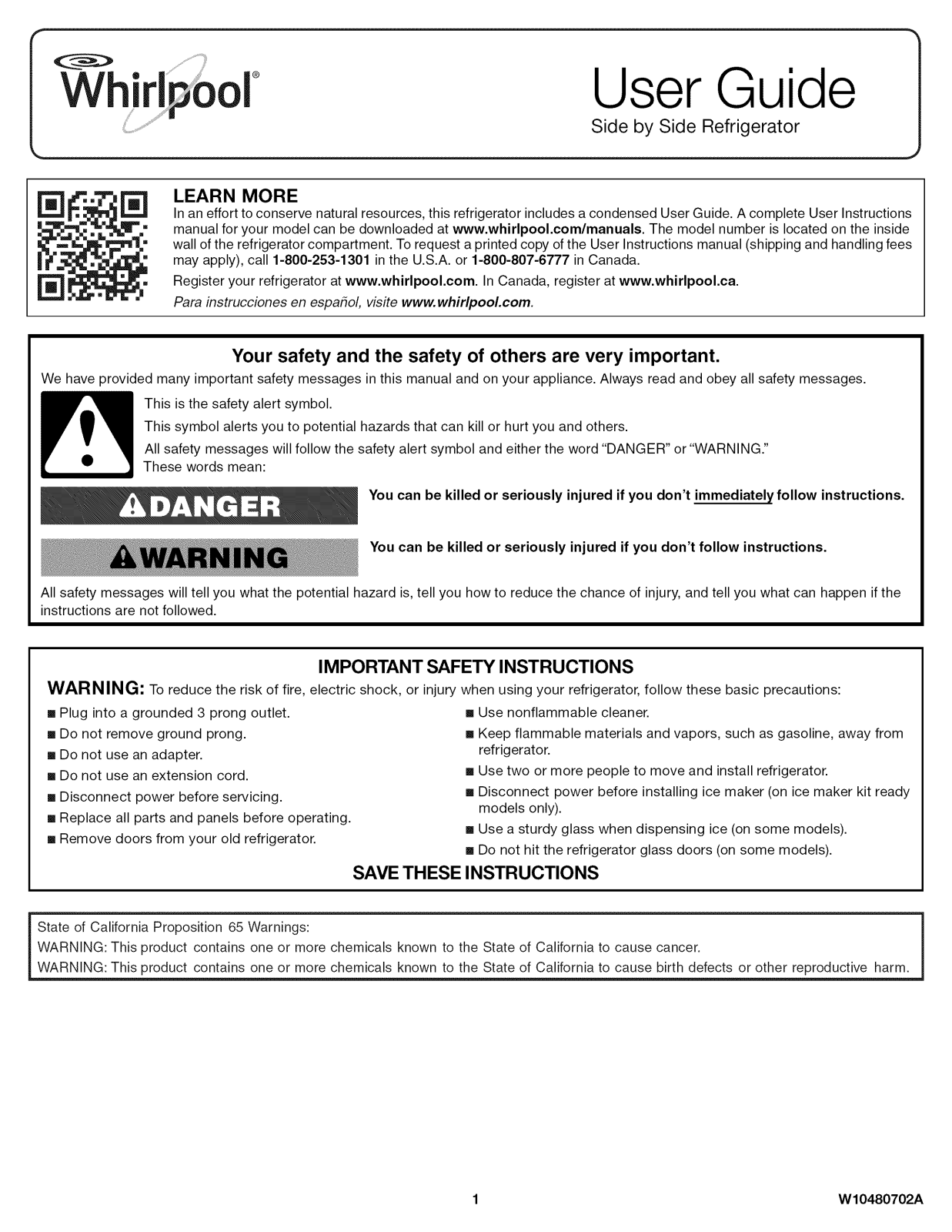 Whirlpool WRS342FIAB00, WRS342FIAM00, WRS342FIAM02, WRS342FIAT00, WRS342FIAW00 Owner’s Manual