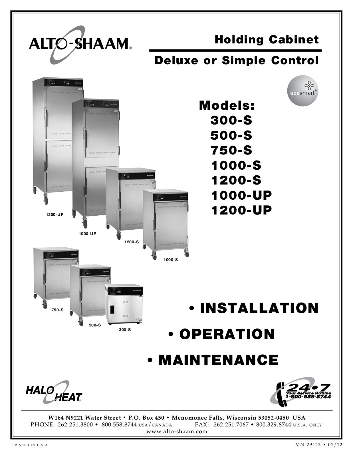 Alto-Shaam 1000-UP, 1200-UP, 750-S, Holding Cabinet, 1200-S User Manual