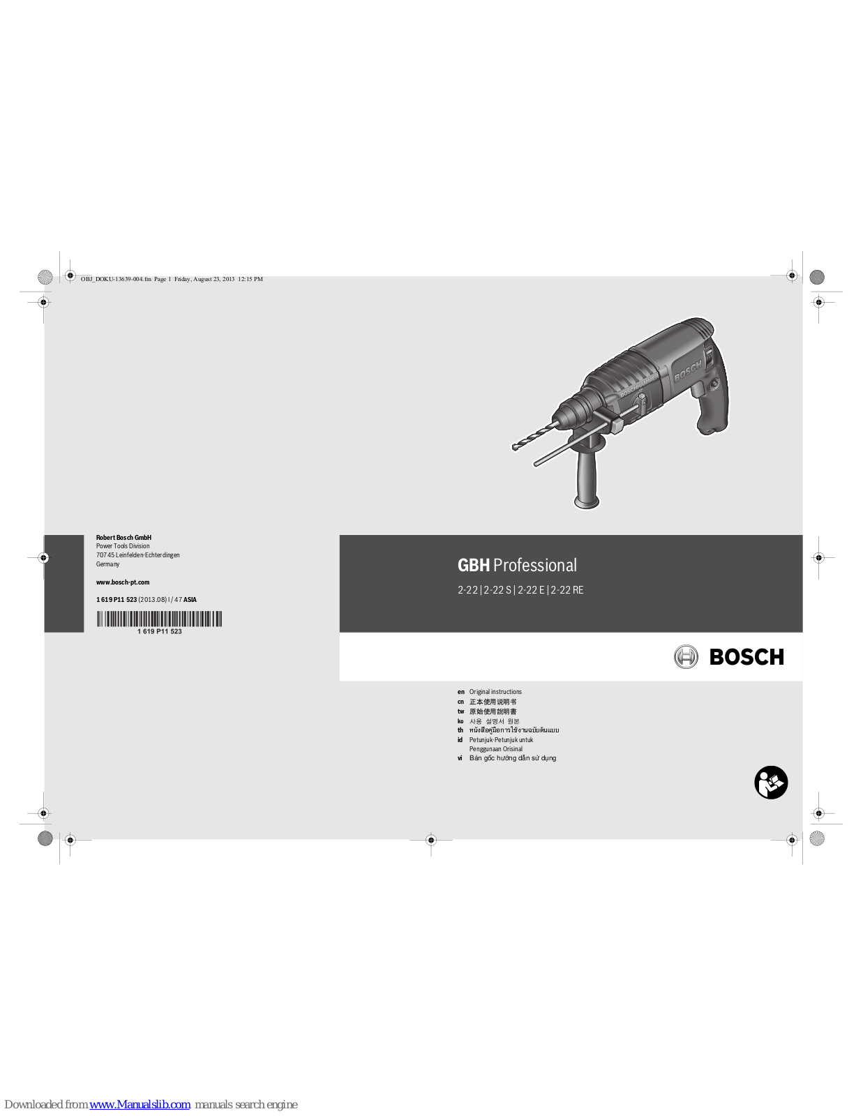 Bosch GBH Professional 2-22, GBH Professional 2-22 S, GBH Professional 2-22 E, GBH Professional 2-22 RE Original Instructions Manual