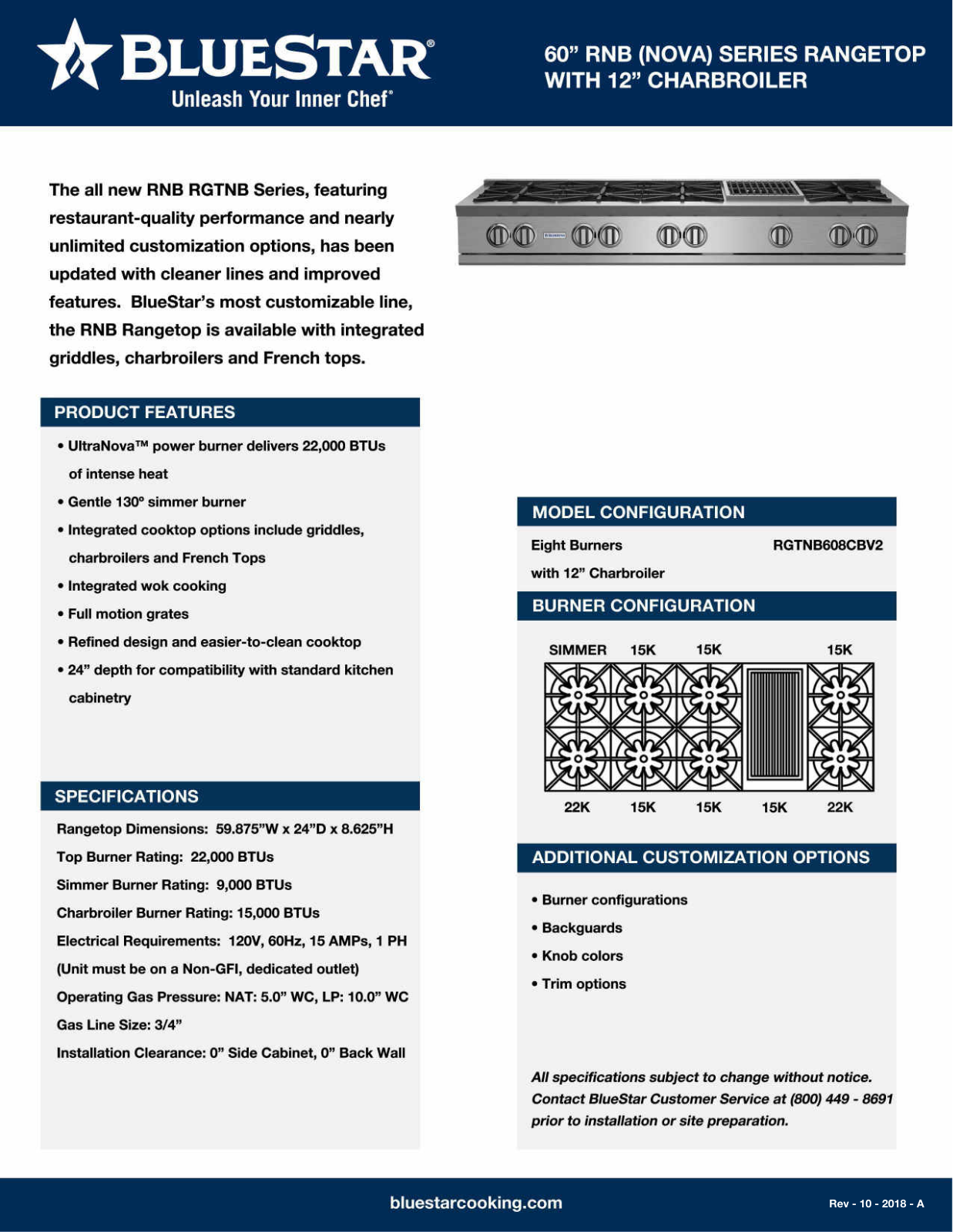 BlueStar RGTNB608CBV2LPLT Specifications