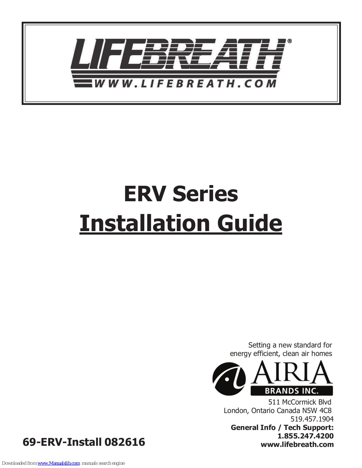 Lifebreath ERV series Installation Manual